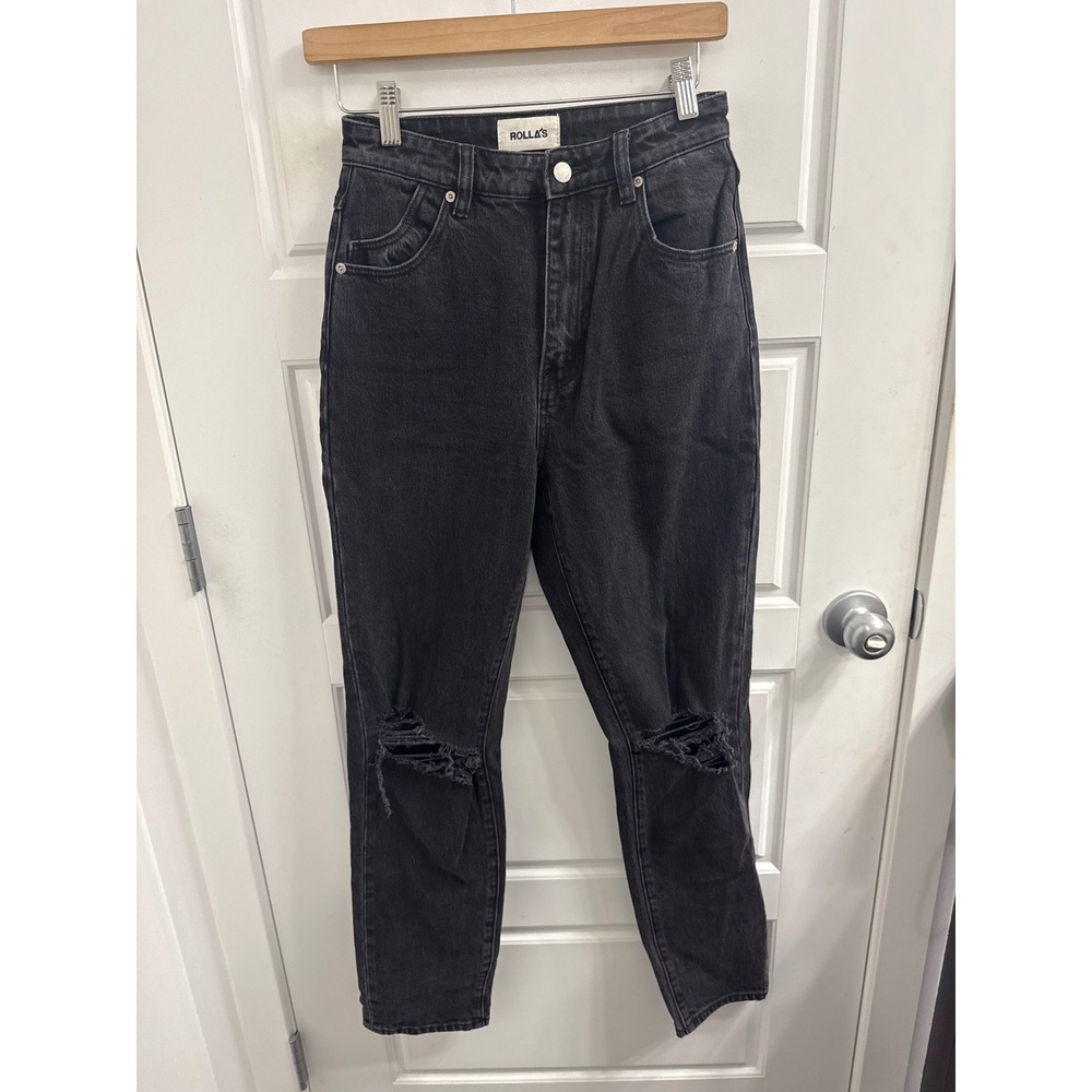 Rolla's Dusters High Rise Slim Jeans Faded Black Distressed Knee Size 26